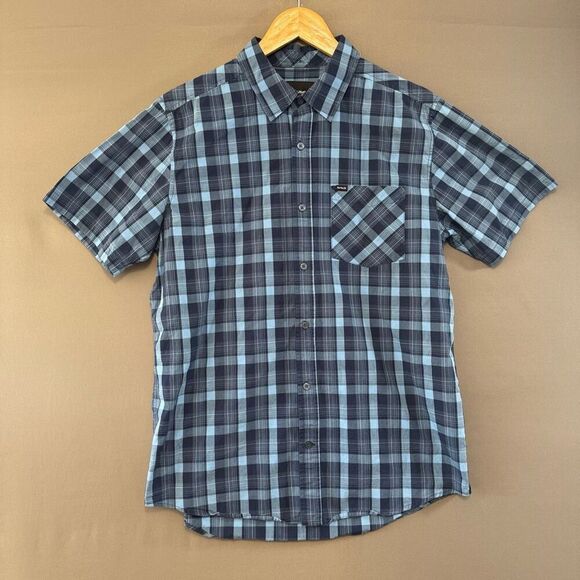 Hurley Blue Plaid Button Up Shirt Size Medium 100% Cotton Short Sleeve - Picture 1 of 8
